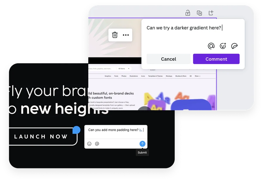 Feedback comments on a design in Figma and Canva